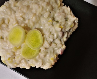 Risotto con porro e pancetta mantecato al mascarpone