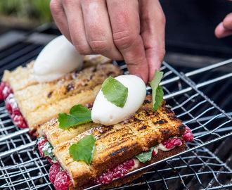 Grillad sandkaka med vilda hallon, färskost och citronörter