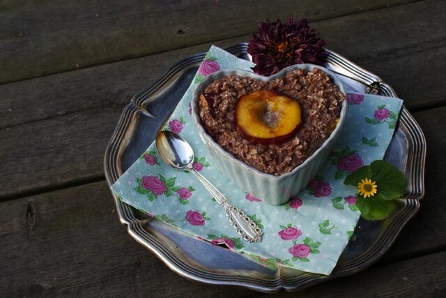 Incredibly moist and juicy peach and raspberry oatmeal!