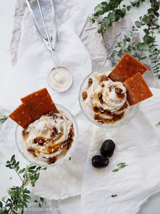 Vegan Raw Coconut Ice Cream with Caramelized Sourdough Crisp and Date Syrup