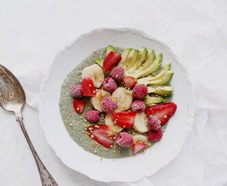 Matcha Chia Pudding with Avocado, Banana, Red Berries & Bee Pollen