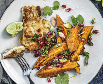 Rostad sötpotatis och kokospanerad halloumi