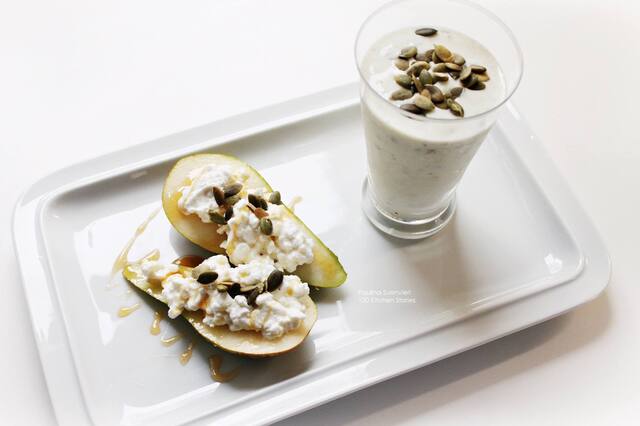 Luxurious Pears with Cottage Cheese & Honey + Pear Ice Cream Smoothie