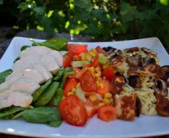 Sommarsallad med saftig rimmad och kokt kyckling