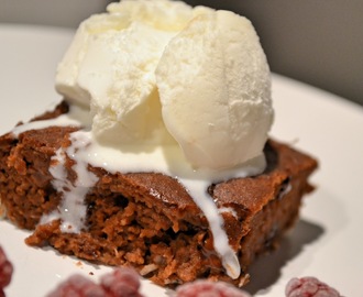 Kladdig proteinchokladkaka med hemgjord kokosglass