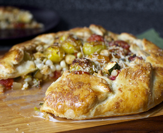 burst tomato galette with corn and zucchini