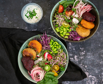 Bowl med grönsaksbiffar på ugnsrostade rotfrukter och Ranch dressing