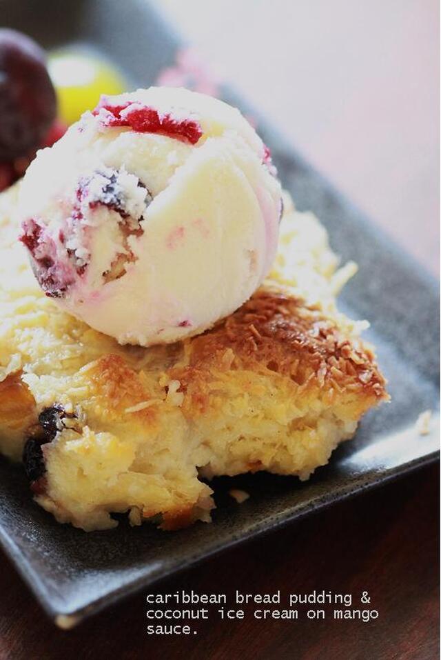 Chicken Farm Baker's Project #41: Make over Bread Pudding,  caribbean bread pudding and Cherry, Rose and Coconut Ice Cream on mango sauce.