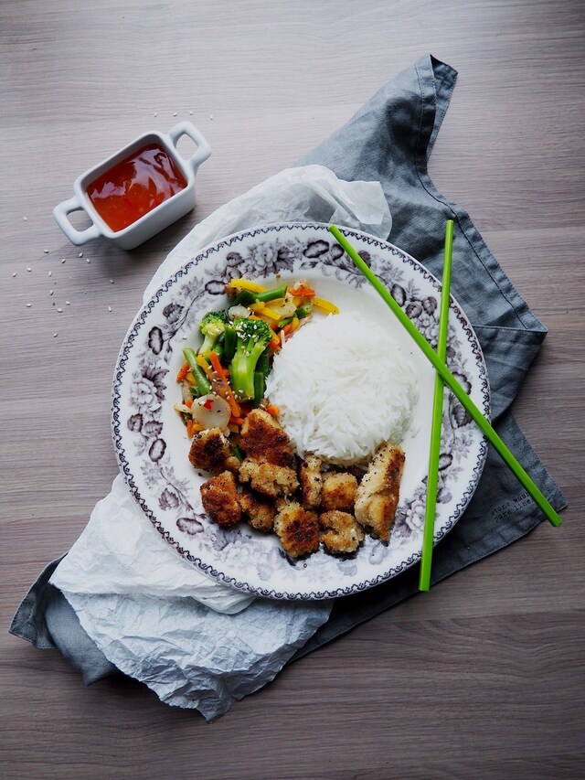 Fried Tofu with Wok, Rice and Sweet Chili Sauce