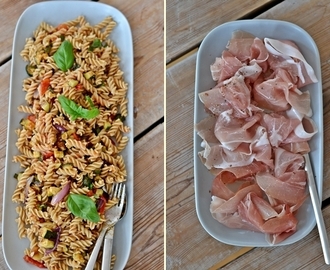 Ugnsrostade grönsaker, fusilli och prosciutto