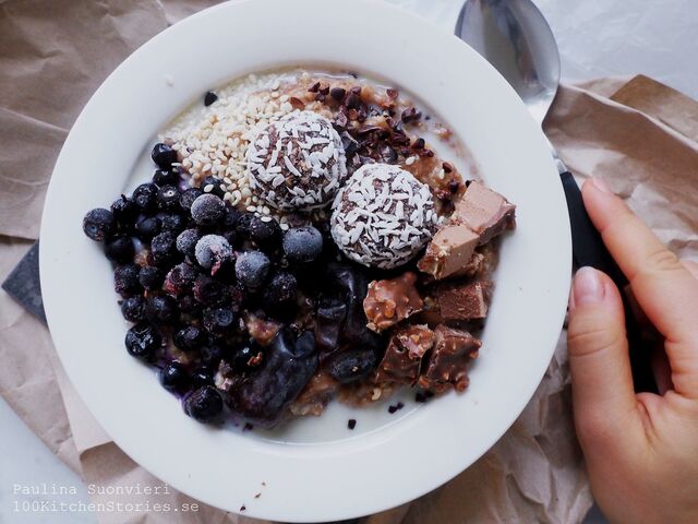 Creamy Choco Porridge with Swedish Chocolate Balls, Blueberries and Dates