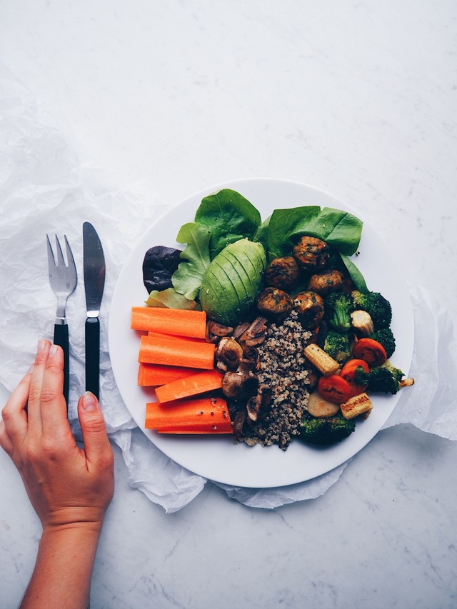 Vegan Lunch Plate with Falafel, Tricolore Quinoa & Avocado.