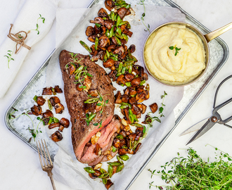 Helstekt rostas med timjan, vitlöksstekt svamp och potatis- och rotselleripuré