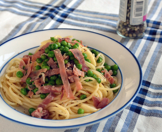 Smålyxig spaghetti med wokade ärtor & parmaskinka