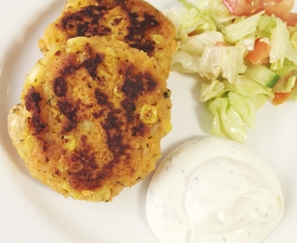 Sweet potato & corn patties w garlic sauce