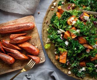 Rostad sötpotatis med grönkål, getost och hasselnötter med stekt vegochorizo