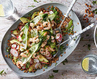 Warm pak choi, prawn and lentil salad