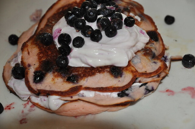 blue and raspberry white chocolate panncakes