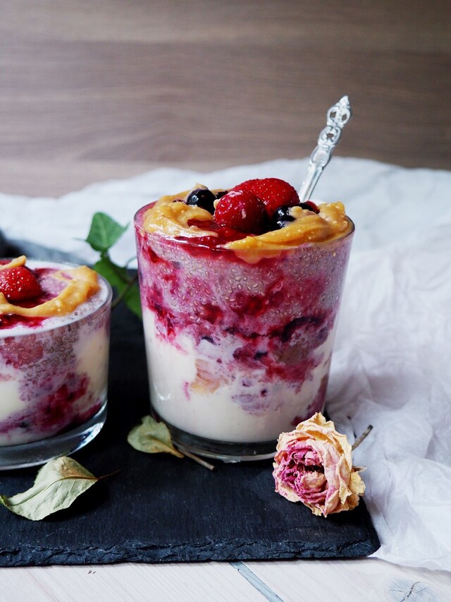 Vanilla Ice Cream in a Jar with Berry Sauce Swirl & Blueberry Chia Pudding