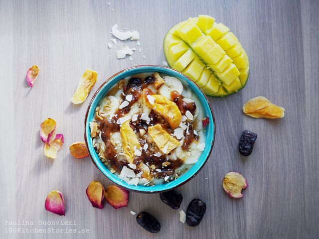 Tropical Vegan Breakfast Bowl with Date Syrup and Mango