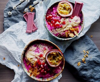 Pink Tuesday Smoothie Bowls with Passionfruit, Pink Chocolate and Pomegranate