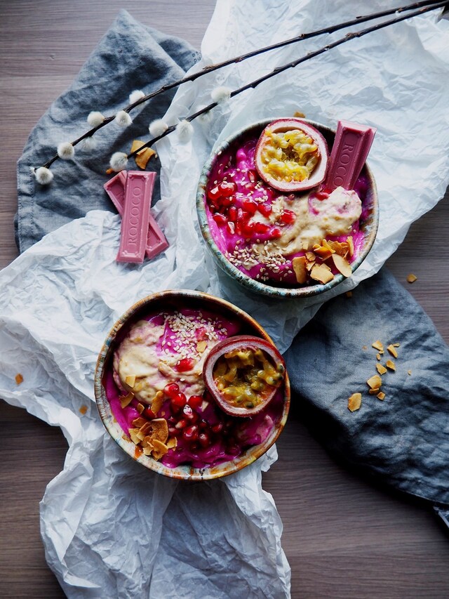 Pink Tuesday Smoothie Bowls with Passionfruit, Pink Chocolate and Pomegranate