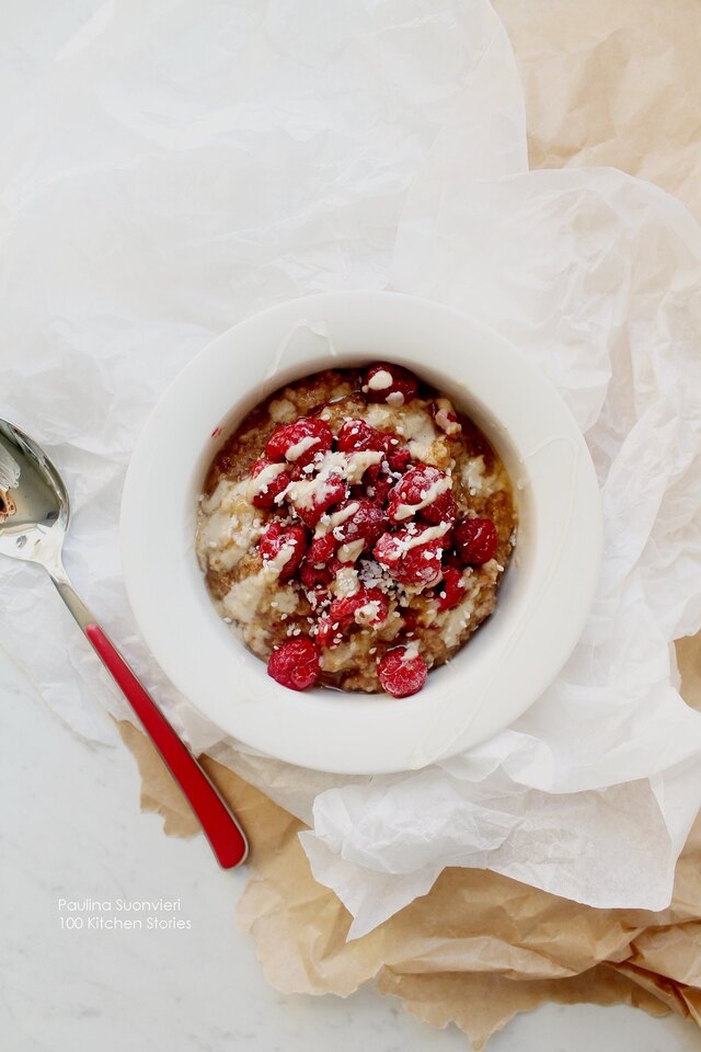 Sea Buckthorn, Rose Hip and Raspberry Porridge with PB Sauce and Coconut Flakes
