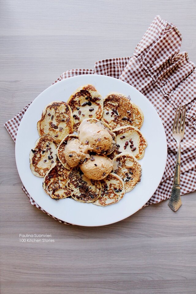 Mesquite Pancakes with Cacao Nibs & Ice Cream