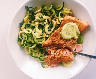 Zucchini noodles w/ a basil avocado sauce & turmeric Salmon (DF)