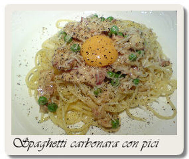 Spaghetti alla Carbonara con pici e cipolla