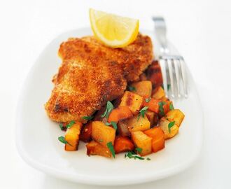 Senapspanerad skinkschnitzel med rotfruktspytt - Recept - Arla