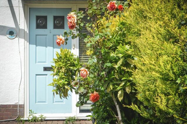 En blå dörr med ljuvliga rosor