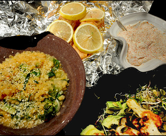 Ugnsbakad citronlax med haloumi/avokadosallad och linser med ingefära