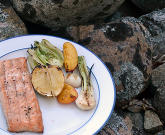 Grillad lax med lök, fänkål, citron & nektarin