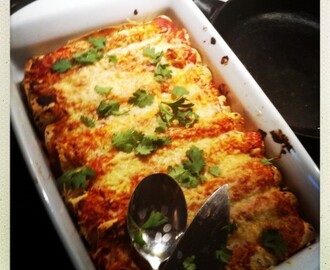 Enchiladas med svarta bönor, butternutsquash och råris