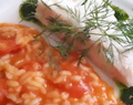 Ångkokt hälleflundra med tomatrisotto och örtbuljong