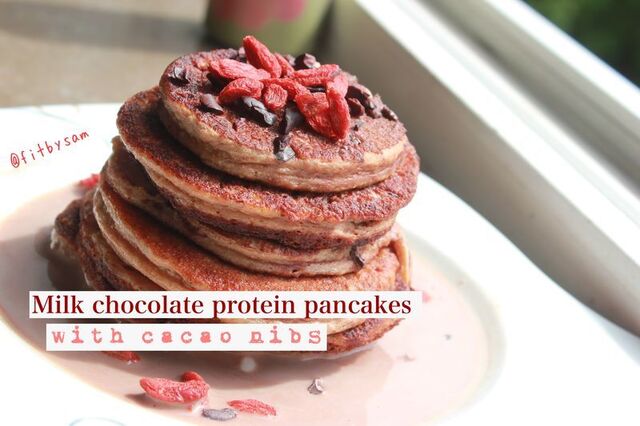 Milk chocolate cacao nibs protein pancakes