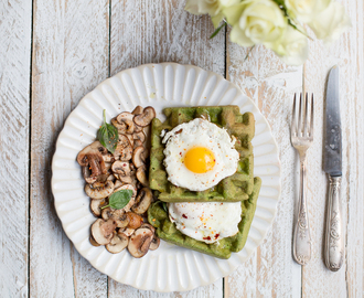 Spinach Waffles with Fried Eggs and Mushrooms