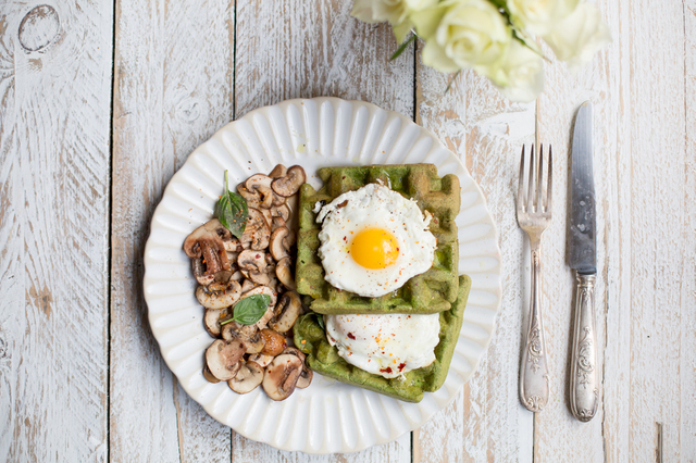Spinach Waffles with Fried Eggs and Mushrooms