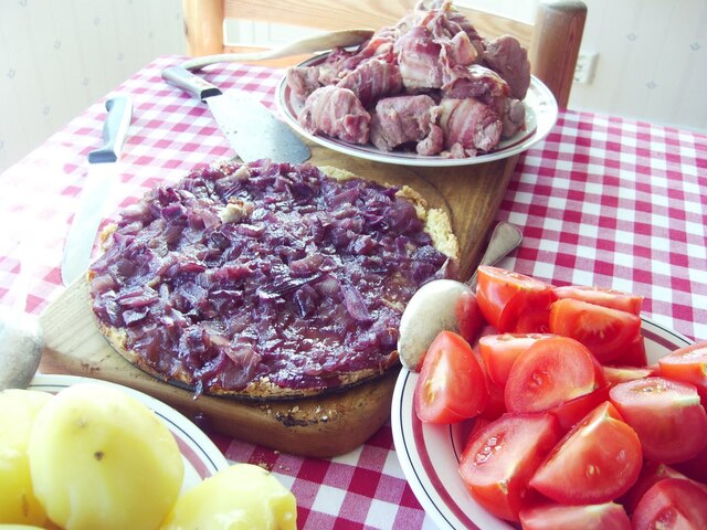 Baconinlindade fläskmedaljonger med rödlökspaj och ett rött vin från Priorat i glasen