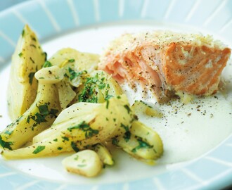 Ugnsbakad lax med bräserad fänkål och parmesansås