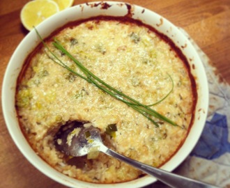 Ugnsbakad risotto med purjolök och chèvre