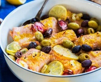 Citronlax i ugn med oliver och vitlök.