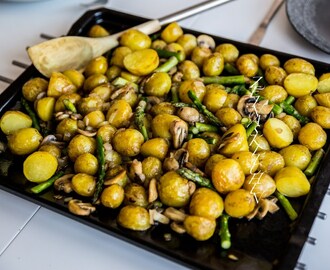 Rostad färskpotatis med sparris och champinjoner