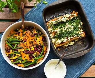 Lax i ugn med rucola, feta och larvigt god dillsås