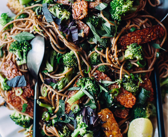 SESAME GARLIC NOODLES W/ BROCCOLI, BASIL & CRISPY TEMPEH