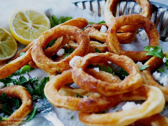 Fried Calamares with Lemon Juice, Feta Cheese and Parsley