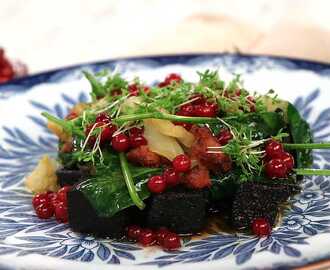 Blodpudding med chorizoslungad spetskål och picklade lingon