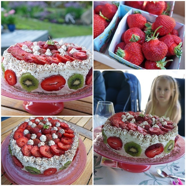 Jordgubbstårta med färska jordgubbar, geishafluff och jordgubbssylt