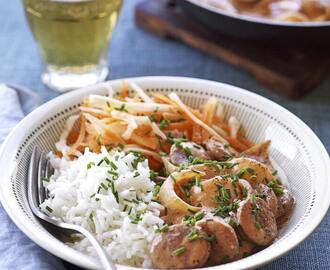 Stroganoff med slantad korv och chili